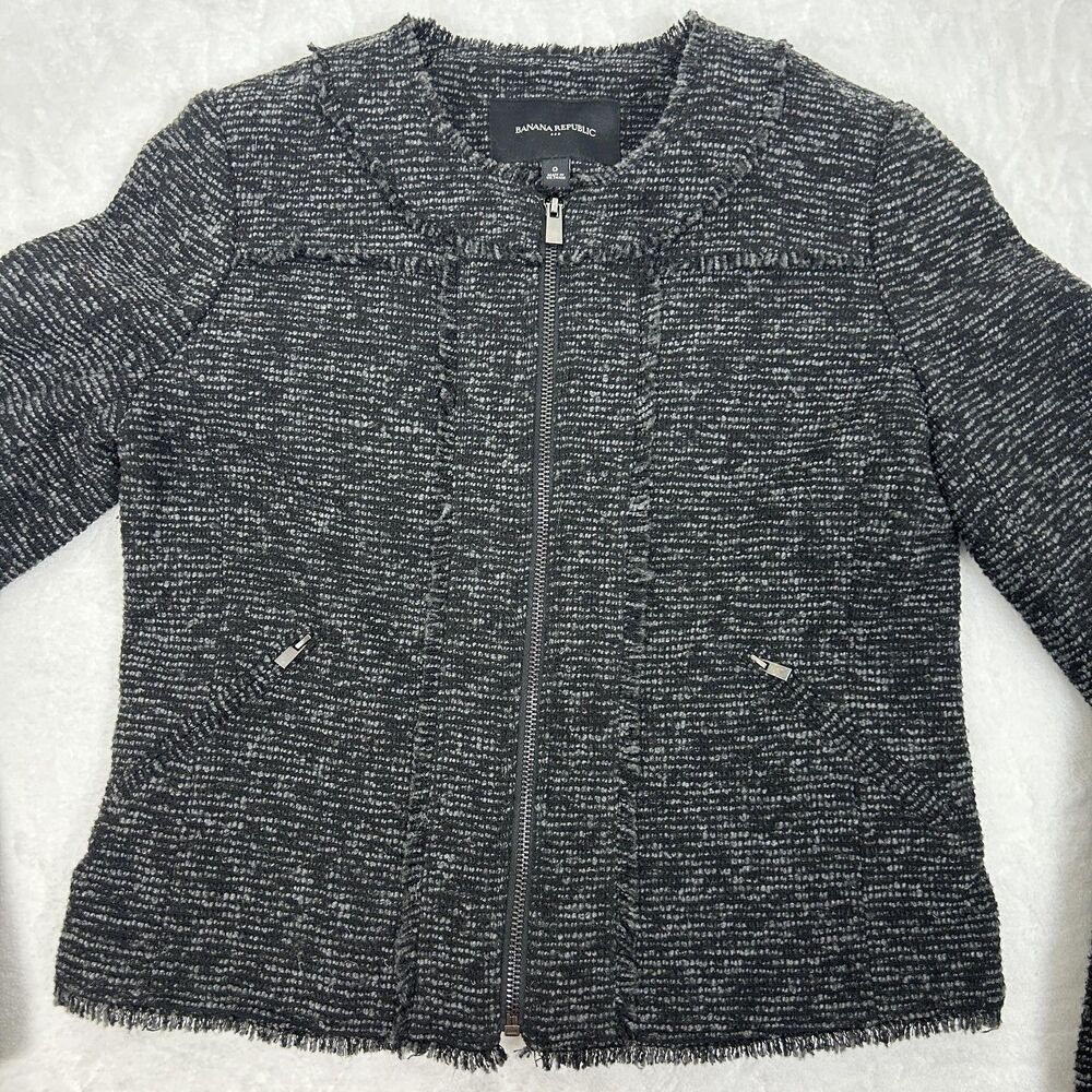 Banana Republic Jacket Womens 0 Black Gray Tweed Boucle Fringe Zip Lined Blazer